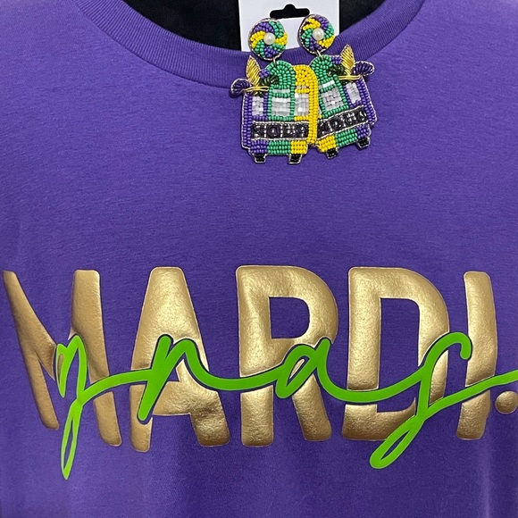 🎀 NWT Mardi Gras Puff Lettered T-Shirt Purple Tee - Picture 1 of 4
